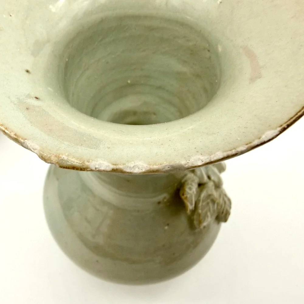 ATQ Pair of Chinese Celadon Crackle Glaze Vases High-Relief Botanical Appliqués